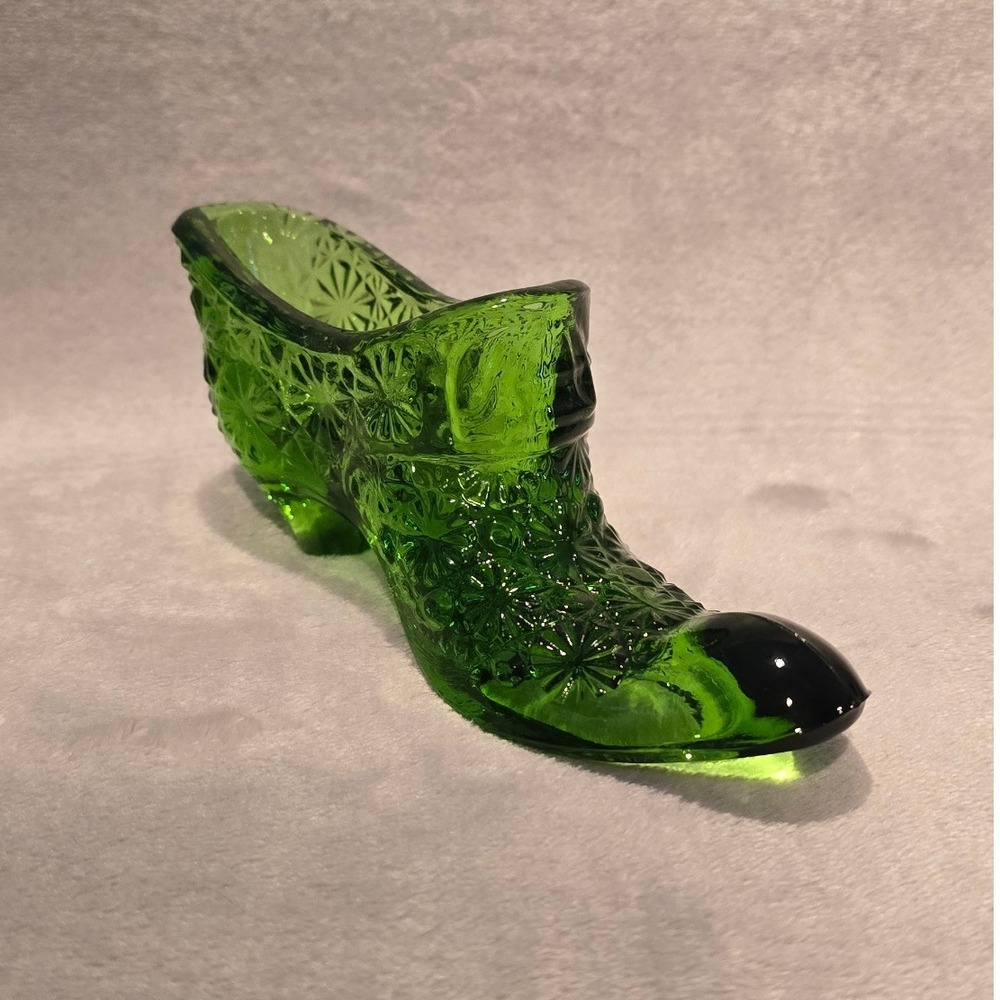 Vintage Green Glass Shoe Figurine Slipper Collectible Decor Display